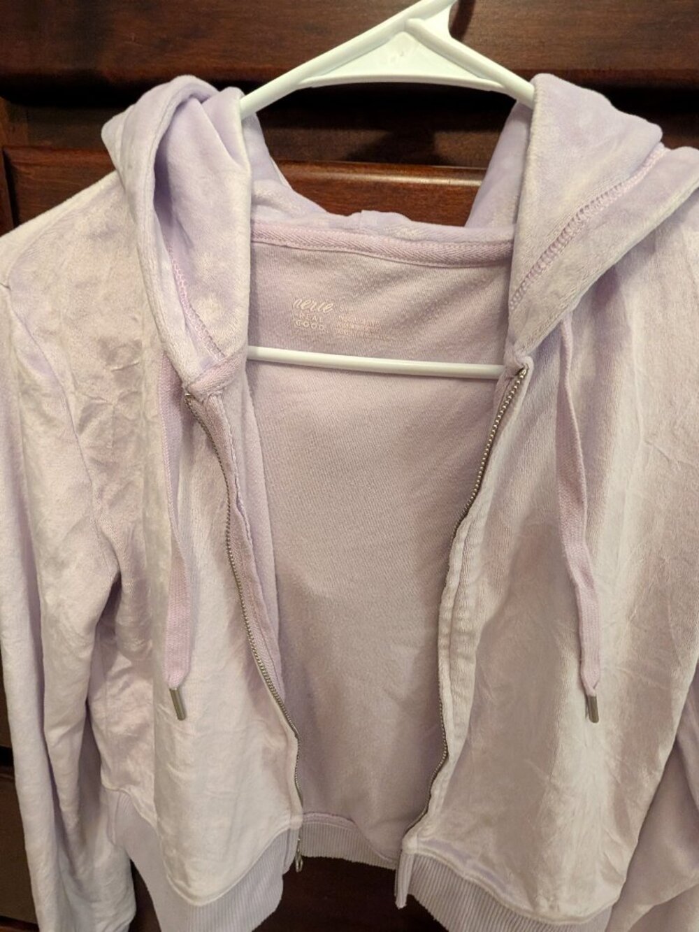 Lilac velour zip hoodie, cropped. Cool mom!